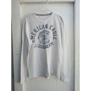 American Eagle Outfitters White Men's Medium Thermal Henley Shirt Y2K Streetwear
